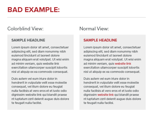 Comparison between colorblind and normal view with links not underlined and being indistinguishable from surrounding content. 