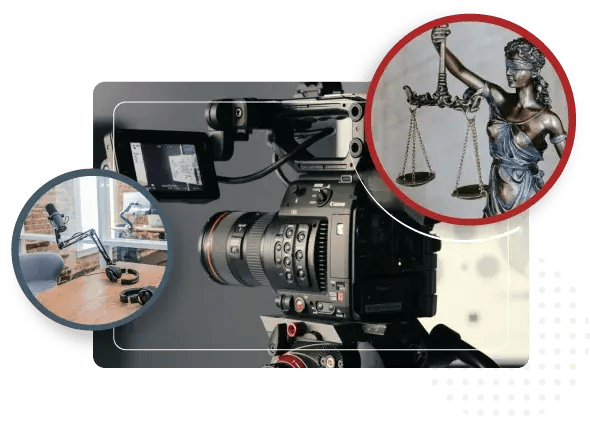 A professional video camera on a production desk, with a studio setup and a statue of the scales of justice inset