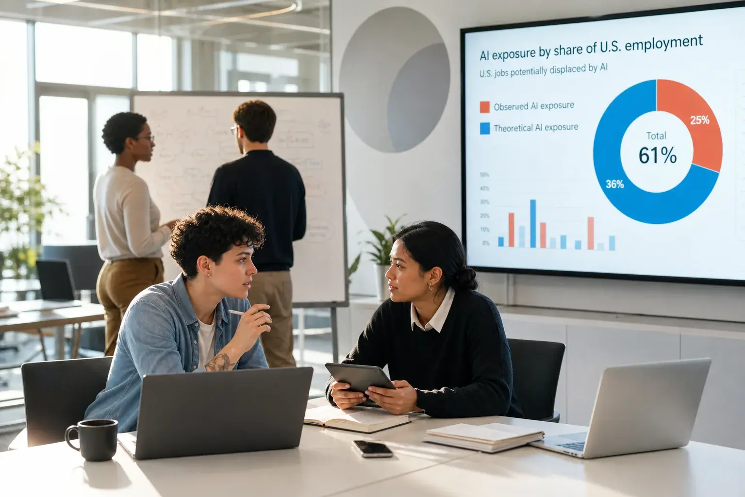 Two colleagues discussing a presentation chart titled 