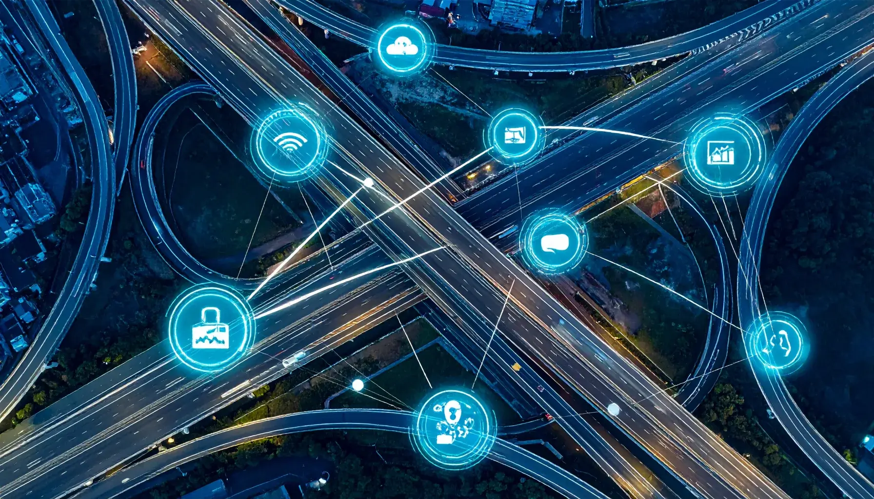 A connected highway interchange seen from above, representing five separate AI engagements converging on one delivery practice