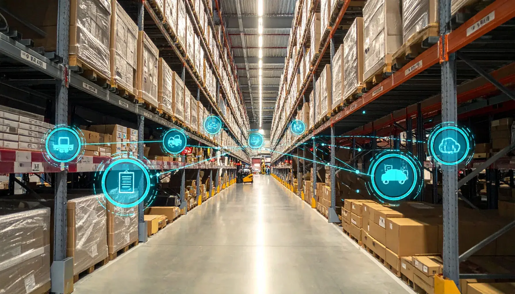 An aerial view of a connected warehouse and supply chain network, representing a national logistics, transportation and storage operation