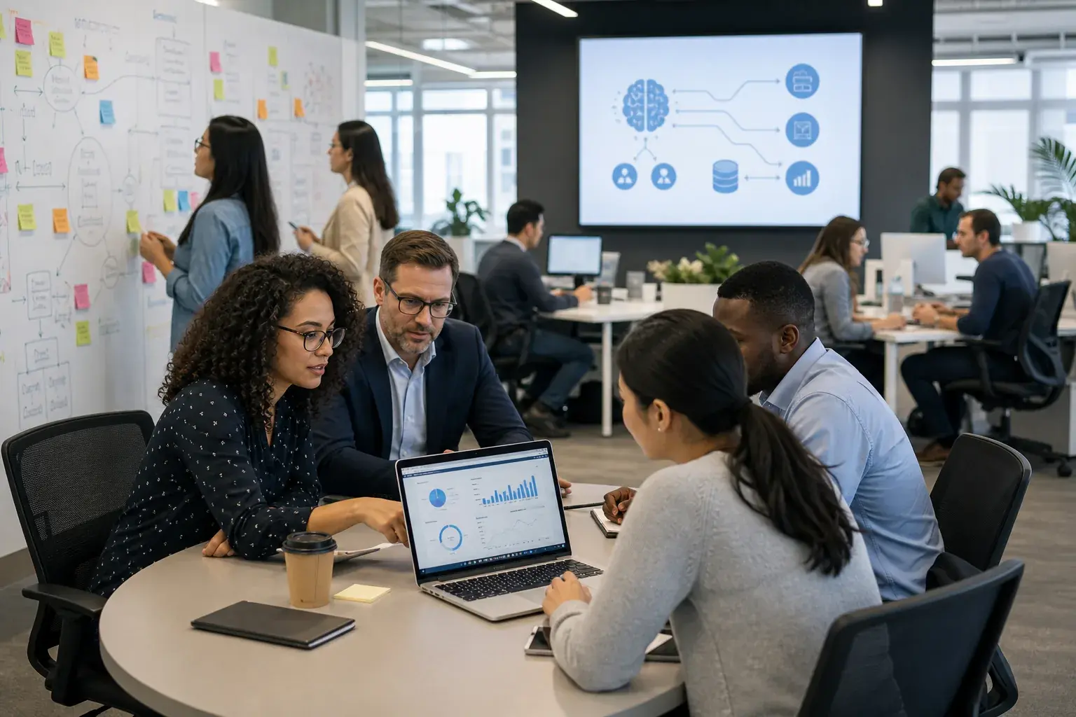 B2B team reviewing analytics on a laptop as a wall screen maps an AI workflow across connected data sources