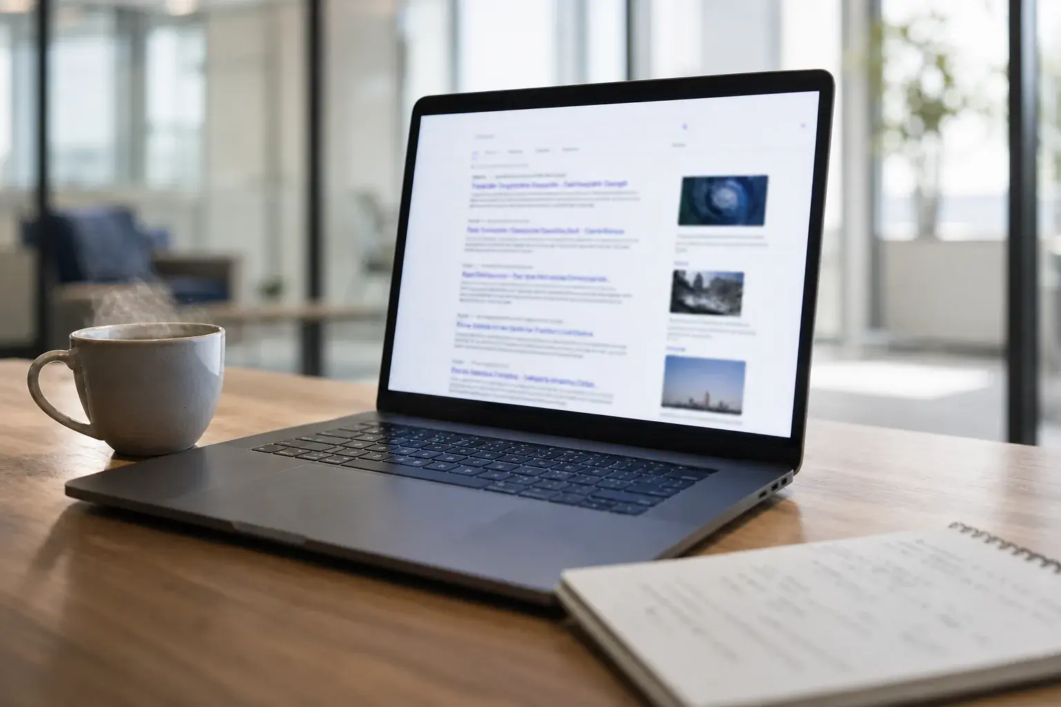 Laptop on a desk displaying a page of search results, beside a coffee cup and notebook