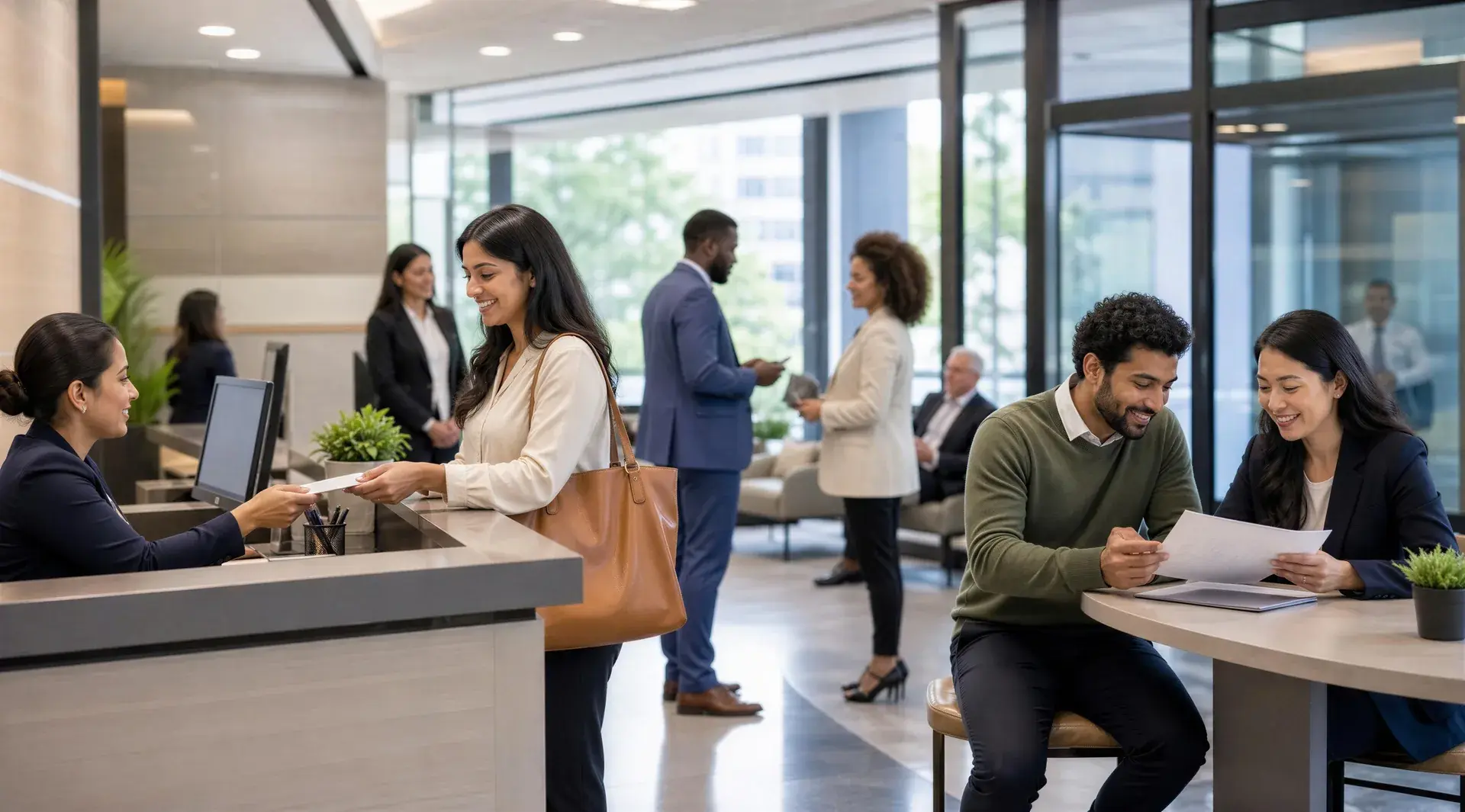 Colleagues greeting visitors and meeting in a bright office reception area