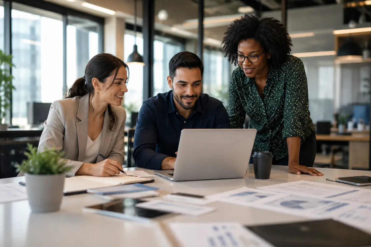 Marketing team reviewing printed campaign performance reports around a laptop
