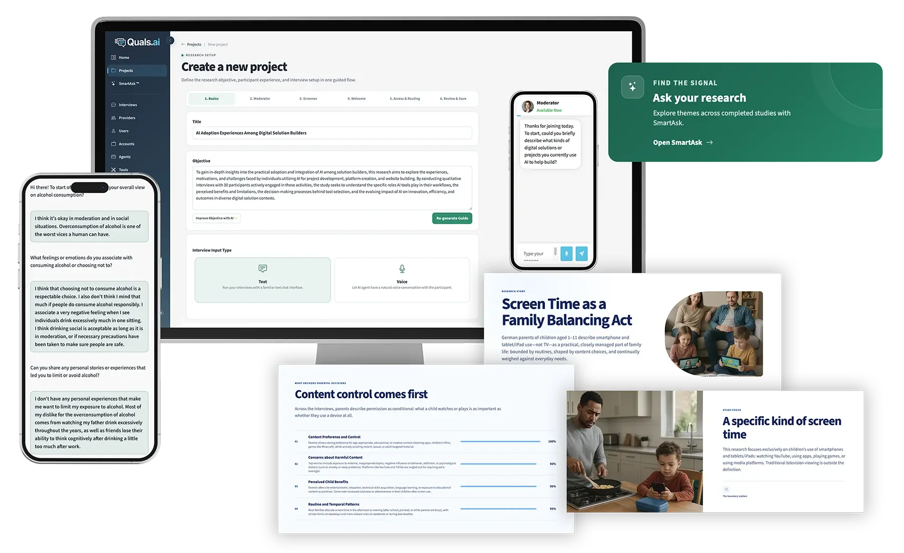 The Quals.ai platform: a research project being set up on a laptop, live participant interviews running on two phones, the SmartAsk panel, and three generated insight reports