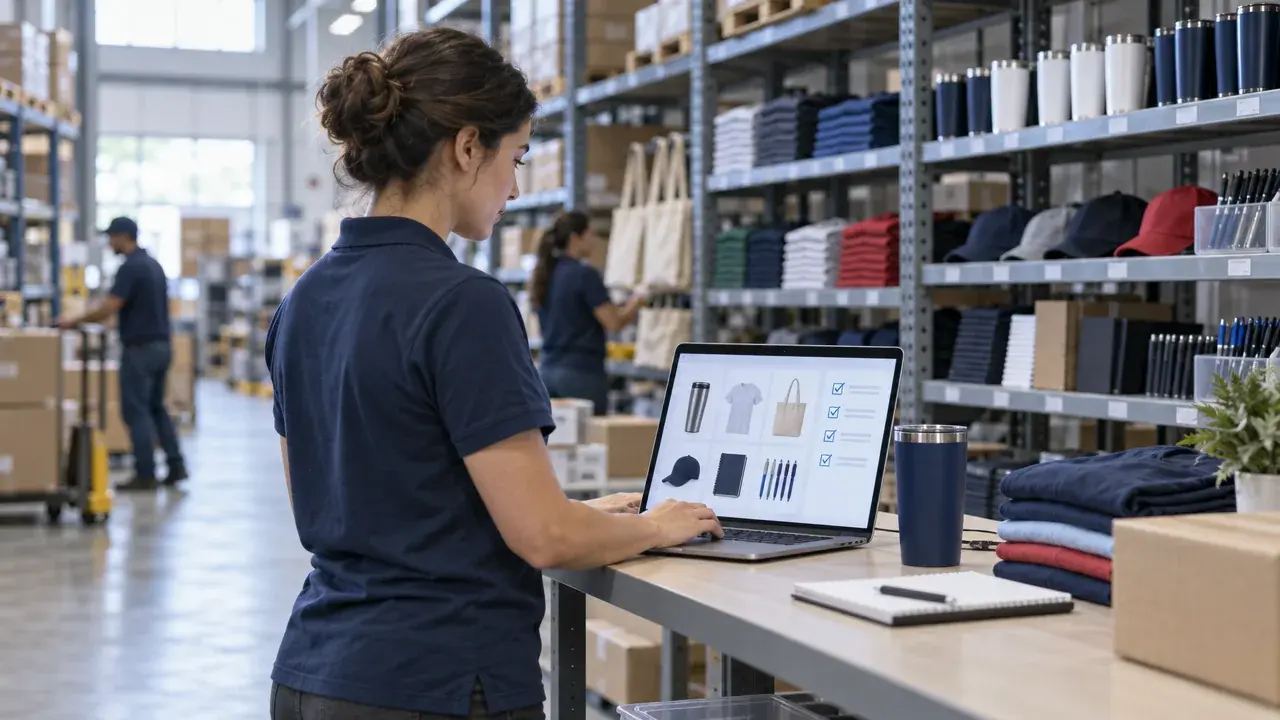 Operations specialist reviewing a product catalog on a laptop in a promotional products distribution warehouse